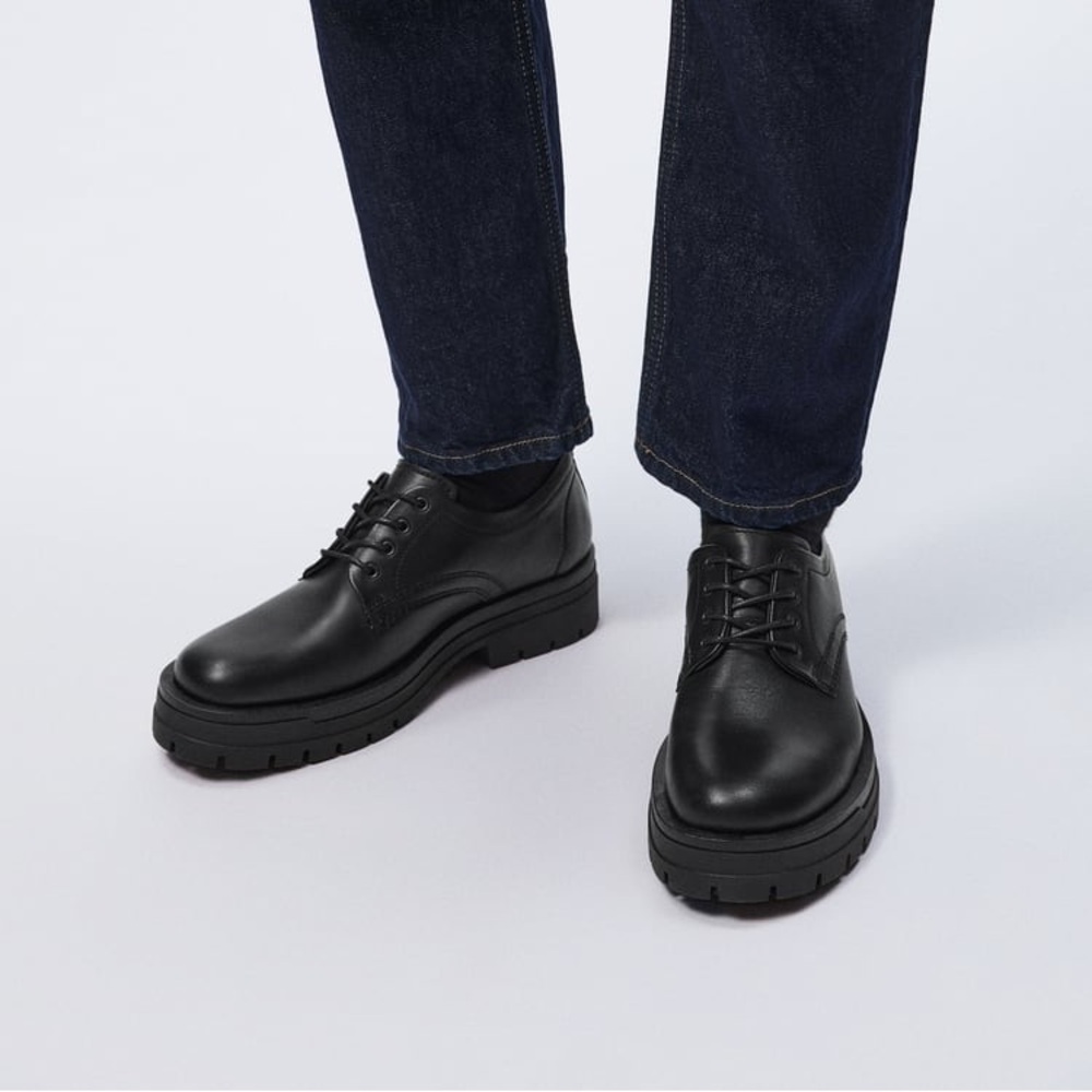 NWT. Zara Black Leather Chunky Lace-Up Derby Shoes. Size 9. - Picture 6 of 8